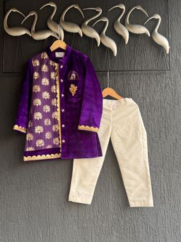 The Little Tales - Purple Velvet Lotus Print Kurta And Pyjama (Set of 2)