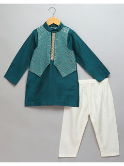The Little Tales - Bottle Green Woven Attached Jacket Kurta and Pyjama