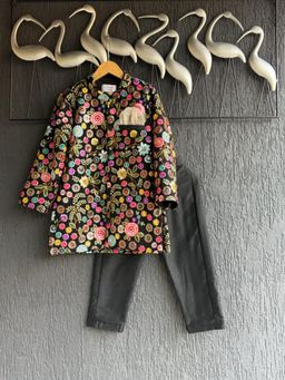 The Little Tales - Black Embroidery Kurta and Pyjama