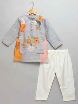 The Little Tales - Grey Floral Regular Kurta with Pyjama