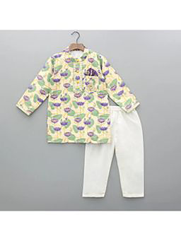 The Little Tales - Gold Lotus Printed Kurta And Pyjama