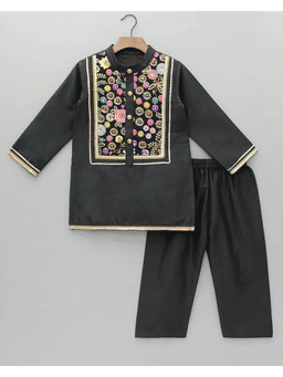 The Little Tales - Black Embroidery Kurta And Pyjama