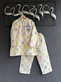The Little Tales - Off White Floral Hand Print Kurta And Pyjama