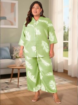 Indietoga - Plus Size Green Leaf Print Rayon Shirt and Pyjama