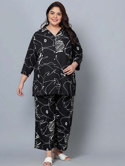 Indietoga - Plus Size Black Scribble Print Rayon Shirt and Pyjama