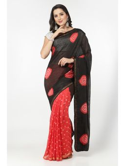 KISHORI - Women Silk Bandhani and Zari Weaving Saree with Unstitched Blouse - Black & Red