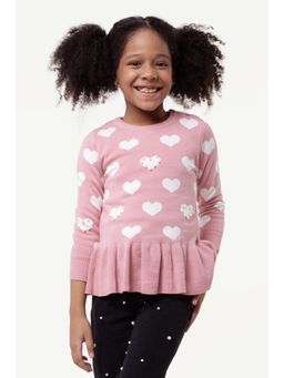 One Friday - Girls Pink Heart Print Sweater