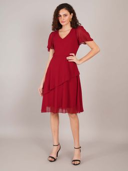 Curvydrobe - Solid Maroon Side Fril Knee Length Dress