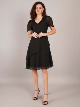 Curvydrobe - Solid Black Side Fril A-Line Dress