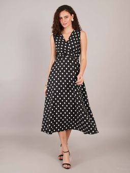 Curvydrobe - Black and White Polka Dot Printed A Line Dress