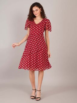 Curvydrobe - Maroon Polka Dot Side Fril Knee Length Dress
