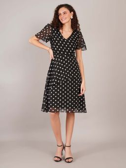 Curvydrobe - Black Polka Dot Side Fril A-Line Dress