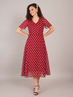 Curvydrobe - Maroon and White Polka Dot A Line Midi Dress