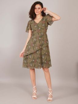 Curvydrobe - Green Floral Side Fril Dress