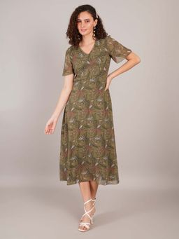 Curvydrobe - Green Floral A Line Dress