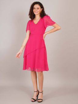 Curvydrobe - Solid Pink Side Fril Knee Length Dress