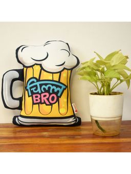 Indigifts - White & Yellow Chill Bro Beer Shaped Decorative Cushion
