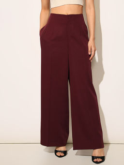ONLY - Maroon Solid Flared Fit Trouser