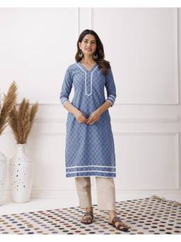 Baisacrafts - Sky Blue Jaipuri Buti Printed Cotton Straight Kurti