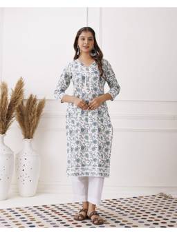 Baisacrafts - White Jaipuri Floral Printed Cotton Straight Kurti