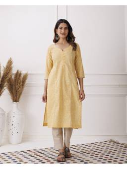 Baisacrafts - Yellow Jaipuri Floral Printed Cotton Straight Kurti