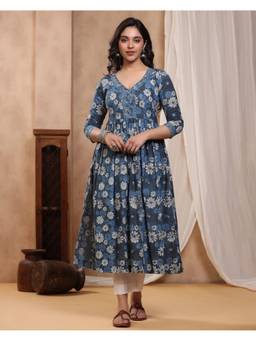 Baisacrafts - Blue Floral Printed Cotton Gathered Kurti