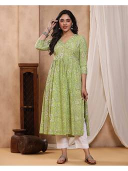 Baisacrafts - Lime Green Jaipuri Floral Printed Cotton Gathered Kurti