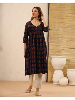 Baisacrafts - Indigo Jaipuri Printed Cotton Pintuck Kurti