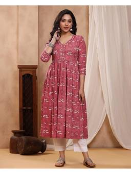 Baisacrafts - Rose Pink Cotton Gathered Kurti