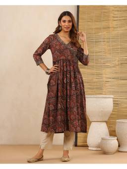 Baisacrafts - Rust Jaipuri Floral Printed Cotton Angrakha Kurta