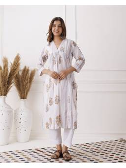 Baisacrafts - White Jaipuri Floral Cotton Gathered Kurti