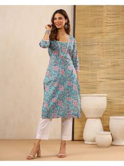 Baisacrafts - Aqua Blue Floral Printed Cotton Straight Kurta