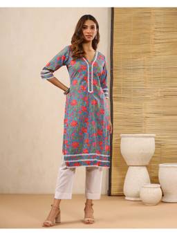 Baisacrafts - Blue Floral Printed Cotton Straight Kurta