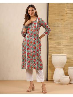 Baisacrafts - Mint Green Floral Printed Cotton Straight Kurta