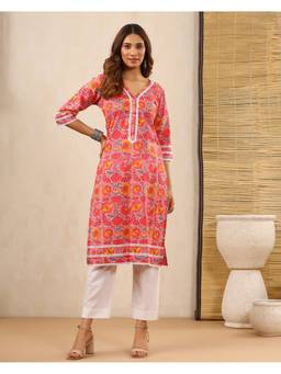 Baisacrafts - Pink Floral Printed Cotton Straight Kurta
