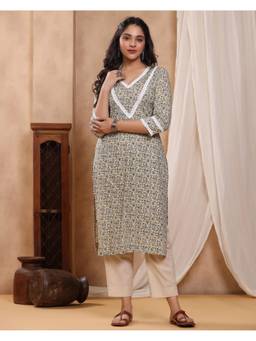 Baisacrafts - Cream Jaipuri Floral Printed Cotton Straight Kurta