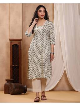 Baisacrafts - Cream Floral Printed Cotton Straight Kurta