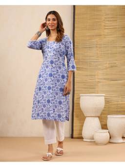 Baisacrafts - Lavender Floral Printed Cotton Straight Kurta