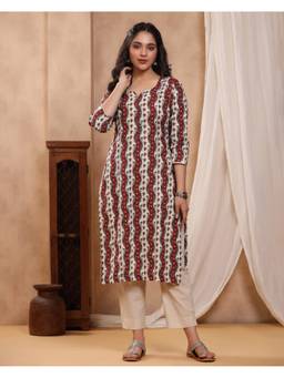Baisacrafts - Maroon Floral Striped Cotton Straight Kurta