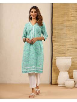 Baisacrafts - Mint Green Floral Printed Cotton Straight Kurta