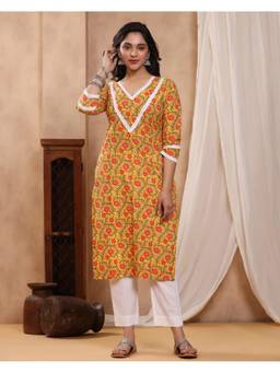 Baisacrafts - Mustard Jaipuri Floral Printed Cotton Straight Kurta