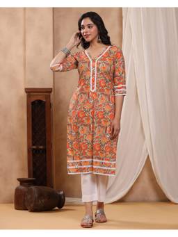 Baisacrafts - Olive Jaipuri Floral Printed Cotton Straight Kurta