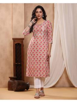 Baisacrafts - Pink Jaipuri Floral Printed Cotton Straight Kurta