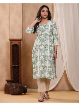 Baisacrafts - Sea Green Jaipuri Floral Printed Cotton Straight Kurta