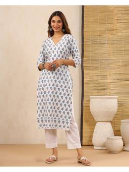Baisacrafts - White Floral Printed Cotton Straight Kurta