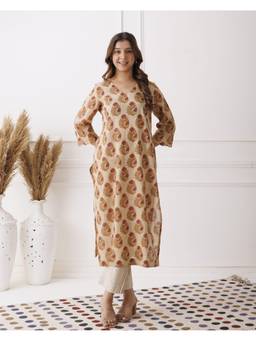 Baisacrafts - Beige Floral Printed V-Neck Loose Fit Kurti
