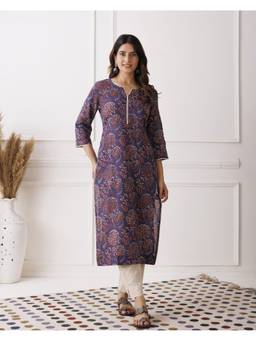 Baisacrafts - Indigo Floral Printed Loose Fit Kurti