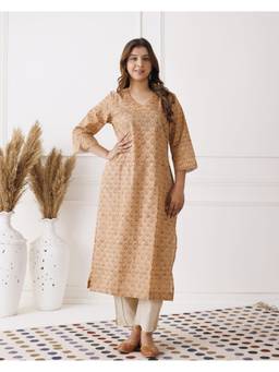 Baisacrafts - Brown Printed V-Neck Loose Fit Kurti