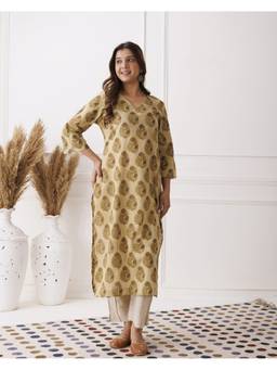 Baisacrafts - Mustard Floral Printed V-Neck Loose Fit Kurti