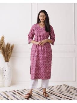 Baisacrafts - Rose Pink Lattice Printed V-Neck Loose Fit Kurti